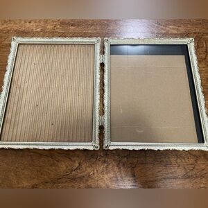 Vintage White Gold/White Metal Double Hinged Picture Photo Frame Ornate 8”x10”